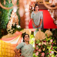 A bride's portrait collage, capturing her elegance against a red carpet entrance and lush floral arrangements.