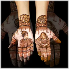 Your love story, drawn on your hands. I specialize in creating detailed couple portraits, like this beautiful moment between the bride and groom, making your mehndi a unique reflection of your journey together.