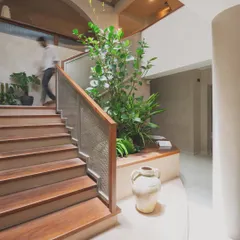 We turned this staircase into a feature by building an integrated planter at its base. This small indoor garden brings life and a touch of the outdoors to a transitional space, greeting you as you move through the home.