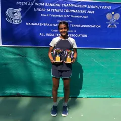 Tuhina Roy at the MSLTA venue with her two runner-up trophies from the U-14 Championship Series.