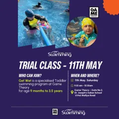 It's never too early to get comfortable in the water. This poster announces a free trial class for our Michael Phelps "Get Wet" swimming program, a specialized course for toddlers aged 9 months to 3.5 years.