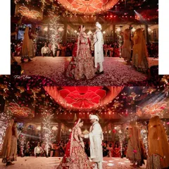 A breathtaking view of the varmala ceremony, with the couple surrounded by family and a shower of petals from a grand floral ceiling. Our wide angle shots are designed to capture the entire magnificent scene.