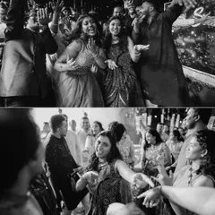 The raw energy of the reception dance floor is captured in this candid black and white diptych, showing guests lost in the music.