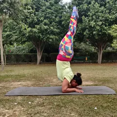 Practicing a variation of the elbow stand (Pincha Mayurasana) in the park. This inversion is excellent for building shoulder and core strength while improving balance.