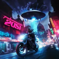 A Pulsar bike being chased by a UFO through a futuristic, neon-lit Chandni Chowk. I blend iconic Indian locations with sci-fi elements to create unique and memorable brand worlds.
