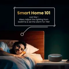Smart home control can be as simple as speaking. This image illustrates a common bedtime command, where a user asks Alexa to adjust the lighting and set an alarm, showcasing the convenience of voice-controlled automation.