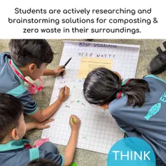 Next, we 'Think'. Students collaborate to research and brainstorm solutions for real-world issues like zero waste, applying critical thinking to develop innovative strategies for their own communities.
