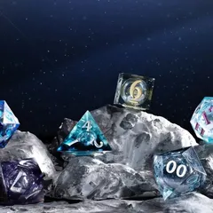 We created a miniature lunar landscape using custom-made rock props and a starry background for this gaming dice collection. This shot places the products in a fantastical, galaxy-themed environment.