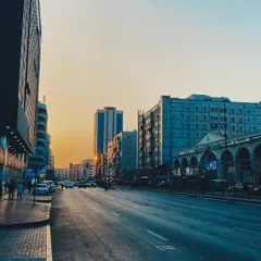 An empty Dubai street at dusk. The colors and the quiet moment in a bustling city caught my eye.