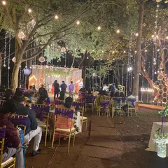 An enchanting outdoor wedding reception at the Ecumenical Christian Center. We transformed the space with strings of Edison bulbs and hanging decor, creating a warm, rustic ambiance under the stars for a large gathering.