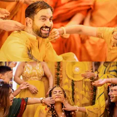 A split image showing both the bride and groom enjoying their respective haldi ceremonies, surrounded by loved ones.