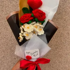 Even our everlasting crochet bouquets can be personalized. This one features a handwritten "Happy Birthday Kunal" tag, adding a warm, personal touch to a unique handmade gift.
