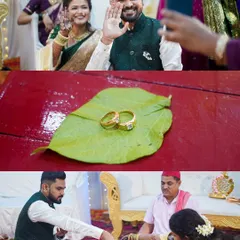 A three-photo story of an engagement, including a candid selfie moment, a creative shot of the rings on a leaf, and the couple participating in the ceremony rituals.
