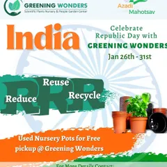 For Republic Day 2023, we launched our 'Reduce, Reuse, Recycle' initiative. This poster announced our program for free pickup of used nursery pots, promoting sustainability in our community.