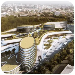 This aerial perspective of the Baiyappanahalli Station masterplan in Bengaluru showcases the project's scale. The design integrates commercial and residential towers with a massive urban green roof over the station, creating a landmark transit-oriented development.