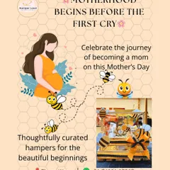 Celebrating the beautiful beginnings of motherhood. This graphic highlights my thoughtfully curated hampers for moms-to-be, featuring a lovely bee-themed gift set perfect for a baby shower.