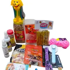 This is my special dog gift combo. It is packed with treats, toys, grooming supplies, and a leash, making it the perfect present for any dog lover.