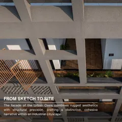 From sketch to site, the facade of Urban Oasis combines a rugged aesthetic with structural precision. This top-down view shows the deep, geometric grid that forms the building's primary visual and structural identity, creating a cohesive narrative within its industrial landscape.