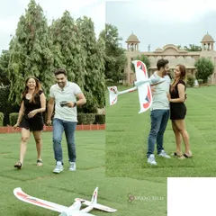 A collage showing the fun side of a pre-wedding shoot. The couple is seen laughing and playing with a remote-controlled airplane on the lawns of a heritage resort.