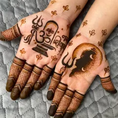 A powerful design for Sawan or Mahashivratri, dedicated to Lord Shiva. One hand features a Shivling with 'Om' and a trishul, while the other shows a silhouette of Mahadev against the moon.
