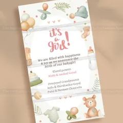 Big news deserves an adorable announcement. This "It's a Girl!" card is the perfect way to introduce your little one, featuring cute, pastel-colored illustrations of baby toys and clothes.