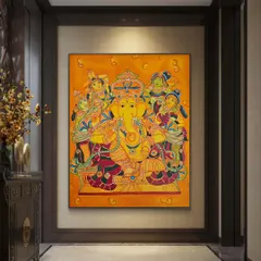 This vibrant Kerala mural style Ganesha painting was created to bring blessings and warmth to our client's foyer. The rich colors and traditional motifs make for a grand welcome.