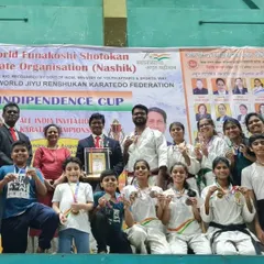 The UBKA team celebrating a massive victory at the Independence Cup in Nashik, 2022. With a 90% winning record, our students brought home a total of 43 medals, including 16 golds.