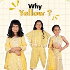 Why yellow? Because it’s the color of happiness. Here are three of my favorite yellow designs for girls: a mirror-work sharara, a pom-pom cape set, and a sparkling lehenga, all perfect for festive celebrations.