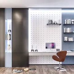 This modern study and storage unit features a sleek, integrated desk with a pegboard-style backsplash for flexible organization. The dark, glossy wardrobe doors contrast beautifully with the light wood desk area.