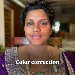 The first step in tackling discoloration is color correction. Here, you can see the application of a corrector to neutralize darker areas before applying foundation.