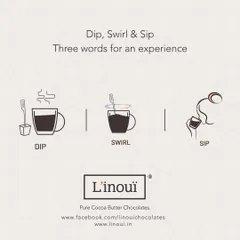 Dip, Swirl & Sip. Three words for an unforgettable experience. This graphic illustrates the simple process of using our hot chocolate dips to create a moment of pure comfort.