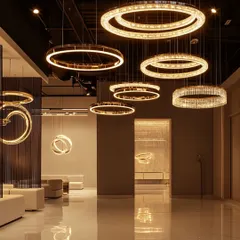 In this expansive commercial space, I used a series of modern ring chandeliers to create a sense of grandeur and cohesion. The layered design provides ample ambient light while acting as a stunning architectural feature, demonstrating how lighting can define a large area.