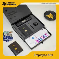 This is the same premium "Wolves" employee kit, shown here to anchor our employee kit category. The thoughtful design includes a special tray for the t-shirt, demonstrating our attention to the unboxing experience.