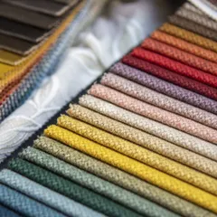 A close-up of our fabric swatches, showing the rich textures and colors available. We believe the right fabric combination adds depth and character, and we guide you through selecting the perfect one for your home.
