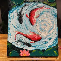 A close-up look at the rich textures and swirling colors of this koi fish masterpiece, made using palette knives. This technique is so satisfying and the results are always impressive.