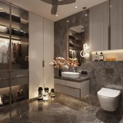 We kept the base neutral yet added a blingy twist to this bathroom design. The dark grey marble provides a moody backdrop for the modern vanity, halo-lit mirror, and an integrated walk-in closet section with glass doors and internal lighting.
