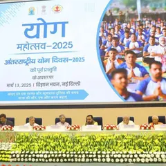 On stage with other dignitaries at the Yoga Mahotsav 2025 preview event. It is an honor to be part of the national movement to promote yoga.