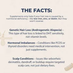 Here are the facts. Supplements only help if your hair loss is caused by a specific nutritional deficiency. They will not reverse genetic hair loss, hormonal imbalances, or scalp conditions, which require targeted medical intervention.