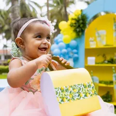 The birthday girl, Shaaru, looking absolutely joyful and radiant at her lemonade party. That smile says it all!