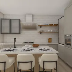 This light grey kitchen feels bright and airy. The large island includes a sink and serves as a dining table, making it a perfect solution for open-plan living. We offer budget-friendly options with MR grade plywood and a 3-year warranty.