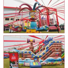 Rides for all ages! The top image shows a swing ride for younger kids, while the bottom features a large, pirate-themed inflatable slide and bouncy area called "Shark Bouncy."