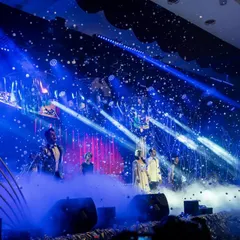 We design sangeet nights that feel like world class concerts. This shot captures the energy of a grand performance, complete with professional stage lighting, atmospheric effects, and a custom built stage that set the tone for an electrifying evening of celebration.