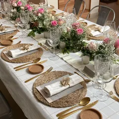 An elegant table setting for a special celebration. I work with you to create the perfect atmosphere, complete with floral arrangements and bespoke place settings for your private dinner.