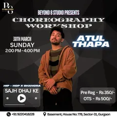 Get ready for some high-energy fun with our Hip-Hop and Bhangra fusion workshop. This poster announces a class on the superhit track 'Saj Dhaj Ke', perfect for anyone looking to learn a party-starter routine.