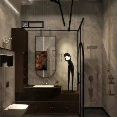 A full view of the art-inspired master washroom, showing the fluted wall panels, dark wood cabinetry, and the glass-partitioned shower. The design is a harmonious blend of modern lines, rich textures, and sculptural elements.