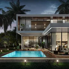 A modern two-story villa at night, featuring a pool and outdoor lounge area. The strategic lighting design emphasizes the clean lines of the architecture and the warm, inviting glow from the floor-to-ceiling windows.