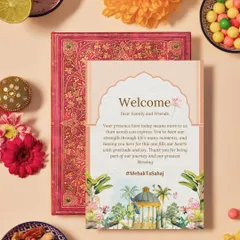 A warm welcome note for your guests makes them feel so special. This one, designed for Mehak and Sahaj's wedding, was part of a complete stationery set with a lovely tropical floral theme, making guests feel cherished from the moment they arrived.