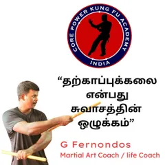 A graphic with my quote, "Self-defense is the discipline of breathing," featuring me with Escrima sticks, used for stick fighting drills.