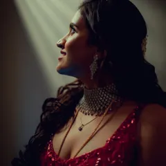 A hopeful and cinematic portrait of a bride looking up into a beam of light. The dramatic lighting highlights her profile and the sparkle of her red gown, creating a moment of magic.
