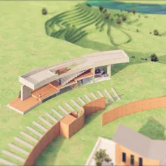 An axonometric view of a stepped building for a retreat in Almora. The design uses an overhang roof to create usable, level space for activities while the main structure, including an office and reception, is tucked into the slope beneath.